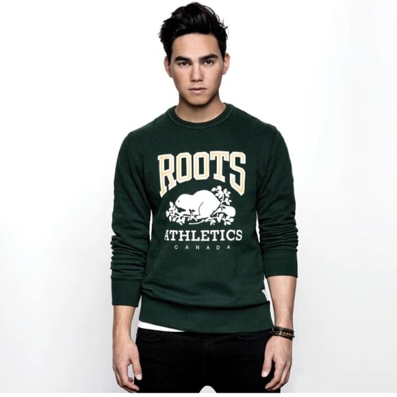 ROOTS | green distressed logo crewneck Sweatshirt Sz SMALL - Picture 1 of 5